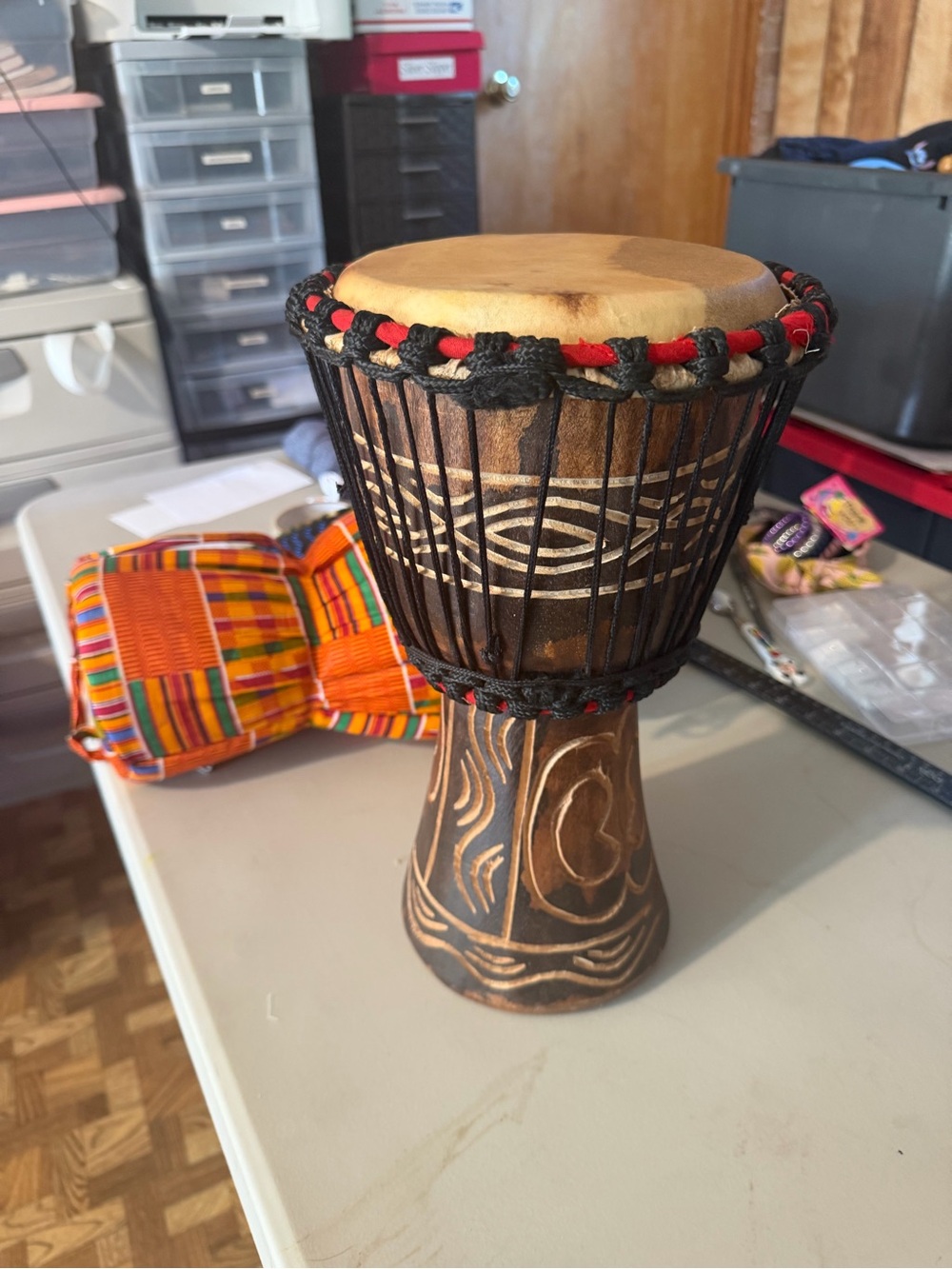 Handcrafted Brown Djembe Drum with Red and Black Rope